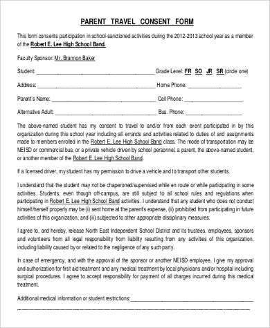 parent travel consent form