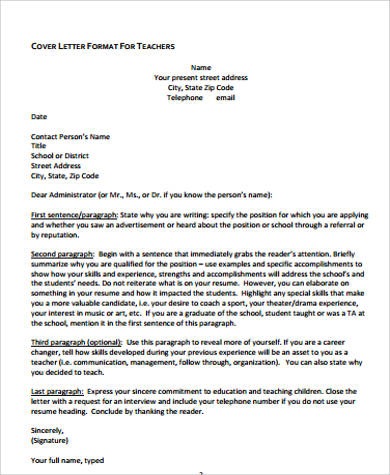 cover letter format for teachers
