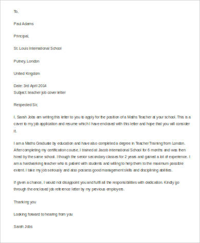 cover letter applying for a teacher job