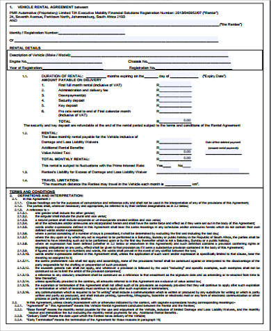 vehicle rental agreement form