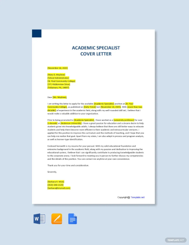academic specialist cover letter template