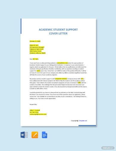 academic student support cover letter template