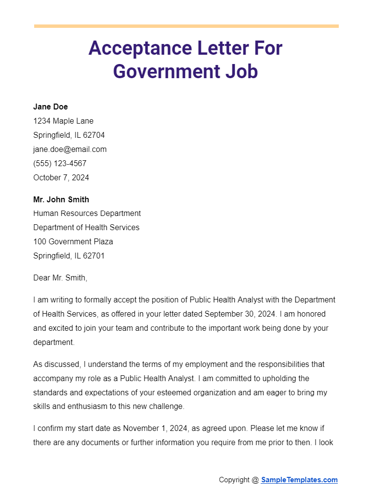 acceptance letter for government job