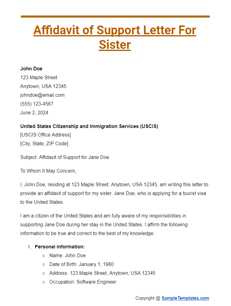 affidavit of support letter for sister