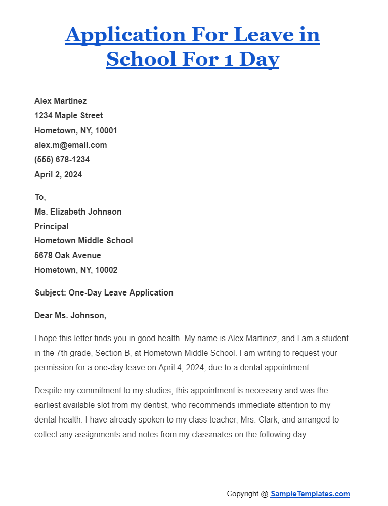 application for leave in school for 1 day