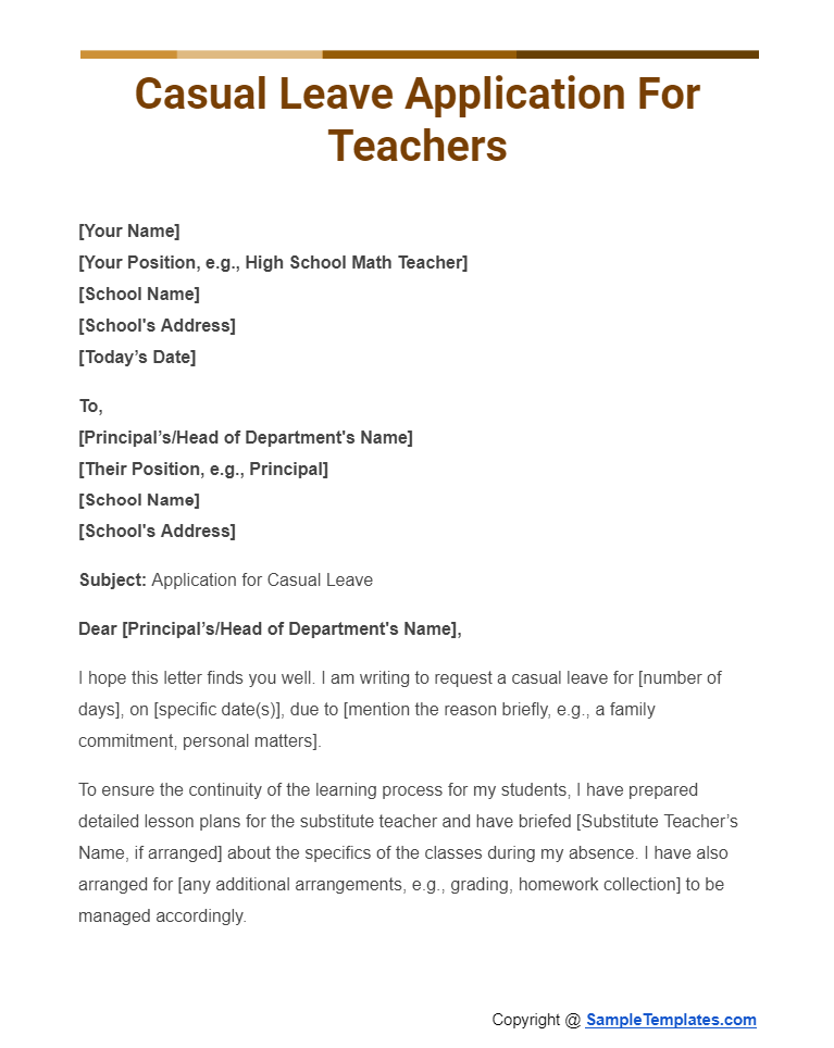 casual leave application for teachers