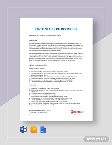 Free 17 Sample Executive Chef Job Descriptions In Pdf Ms Word