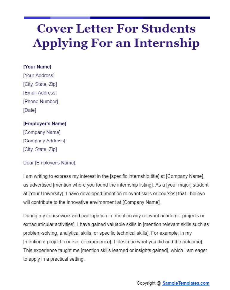 cover letter for students applying for an internship