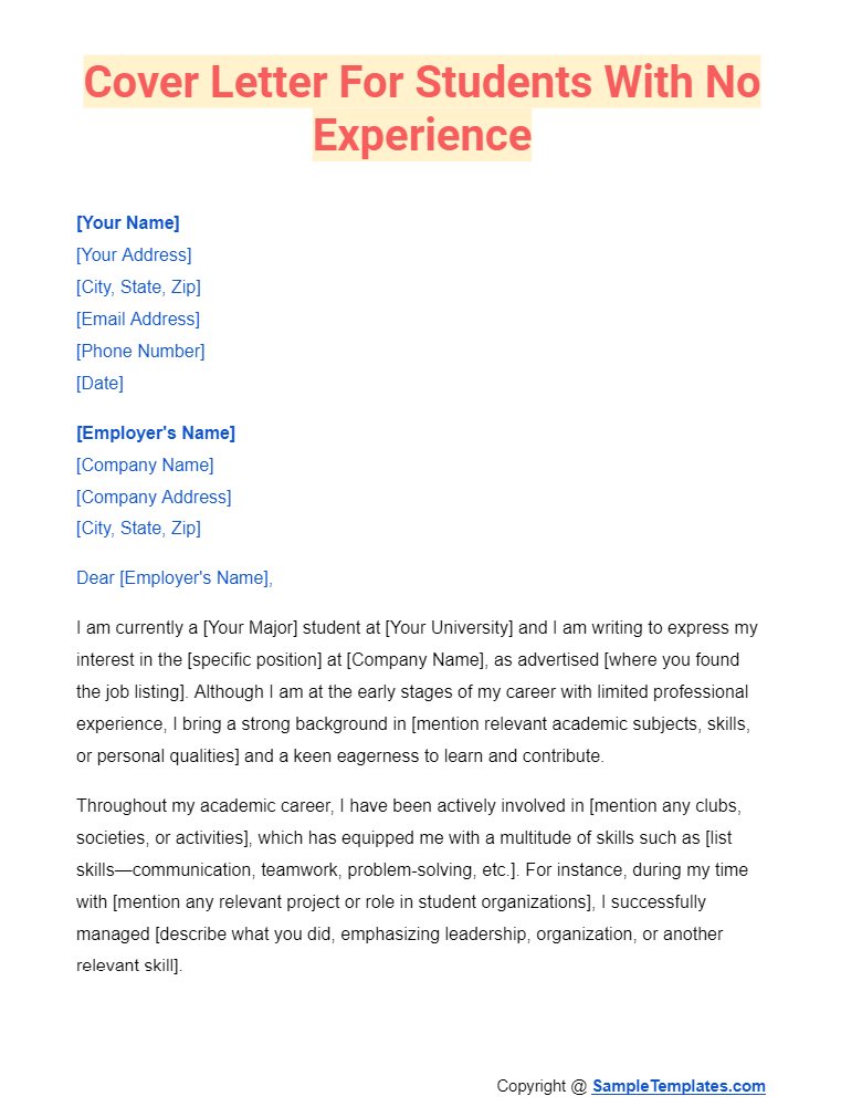 cover letter for students with no experience