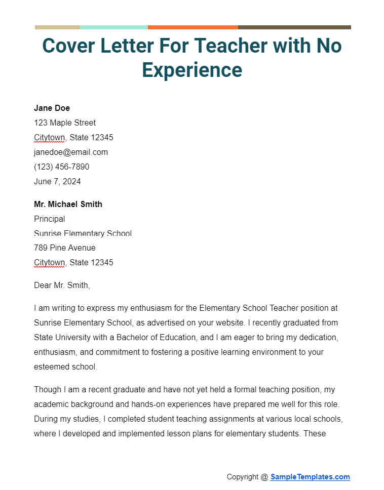 cover letter for teacher with no experience