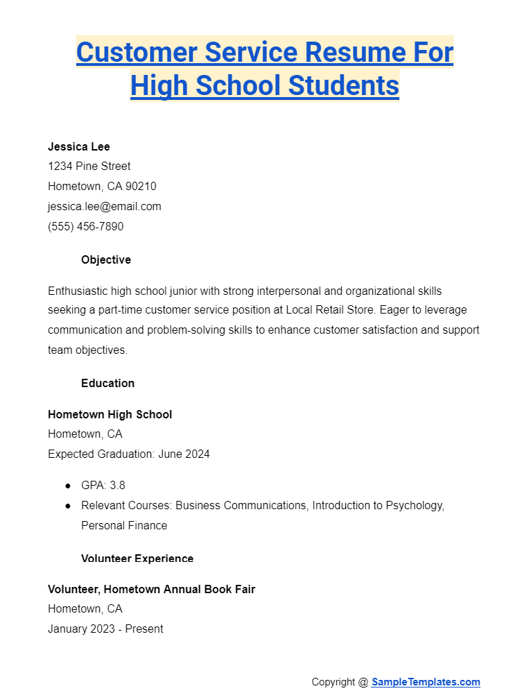 customer service resume for high school students