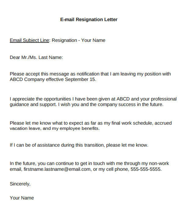 FREE 6+ Email Resignation Letter Samples in MS Word | PDF