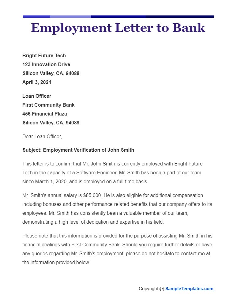 employment letter to bank