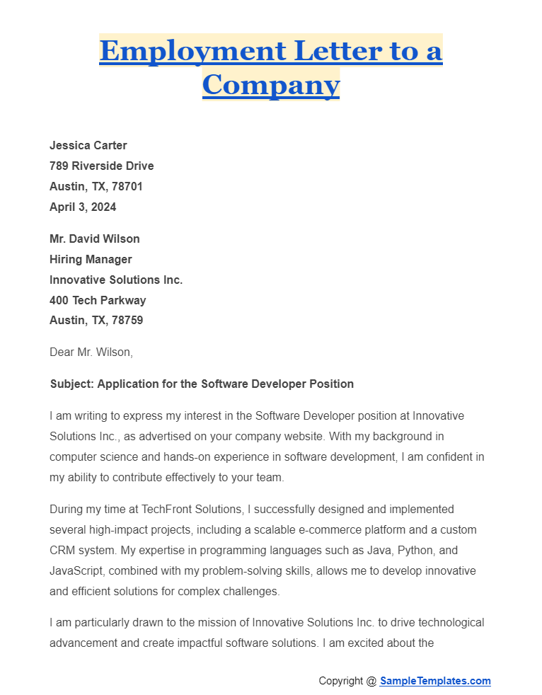 employment letter to a company