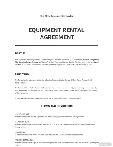 equipment rental agreement template