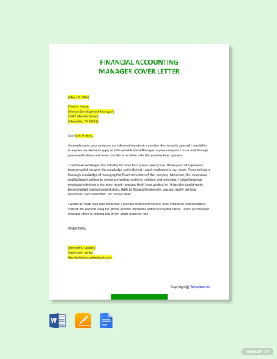 free financial accounting manager cover letter template