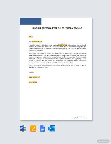 free job offer rejection letter due to personal reasons template