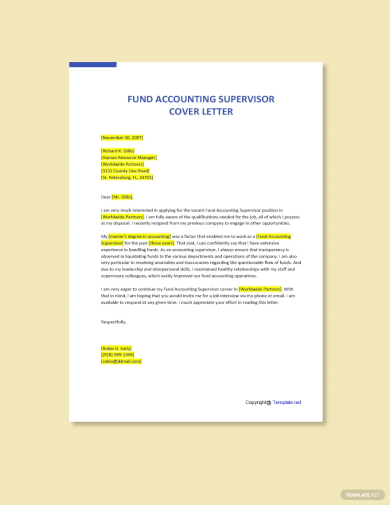fund accounting supervisor cover letter template
