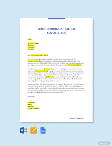 home economics teacher cover letter template