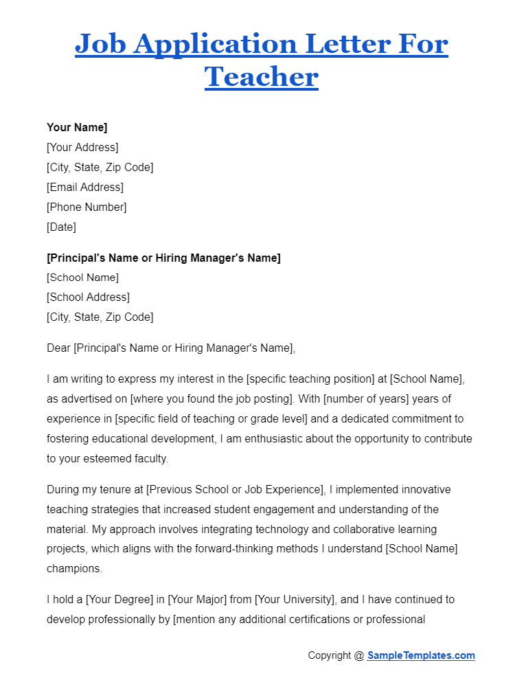 job application letter for teacher