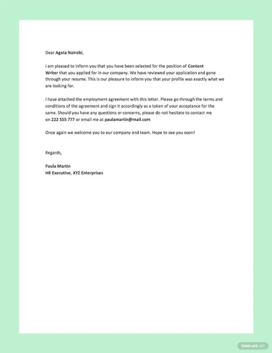 job offer letter format template