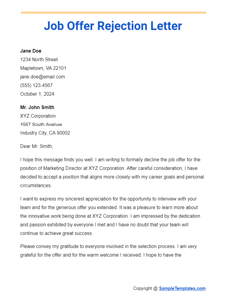 job offer rejection letter