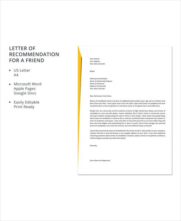 Scholarship Recommendation Letter From Friend from images.sampletemplates.com