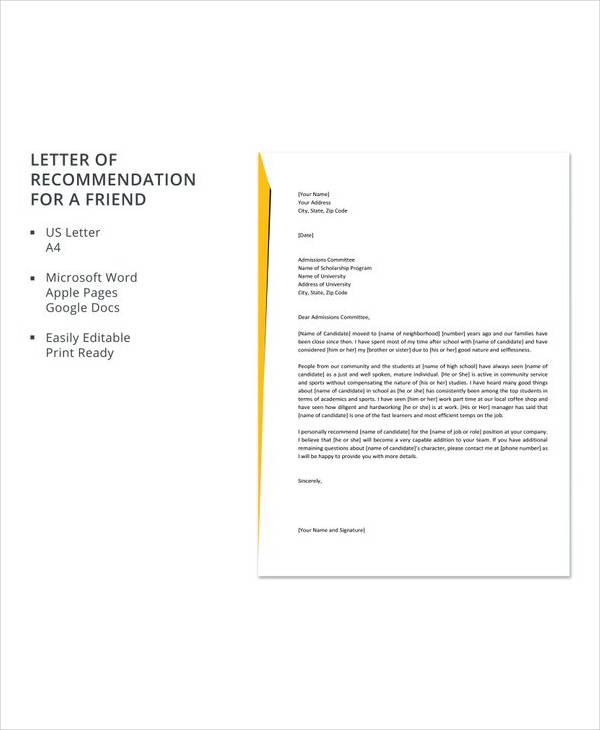 FREE 9+ Sample Recommendation Letter for a Friend in PDF | MS Word