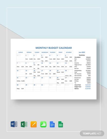 monthly budget calendar template free