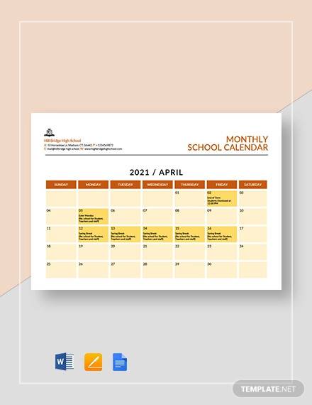 monthly school calendar template
