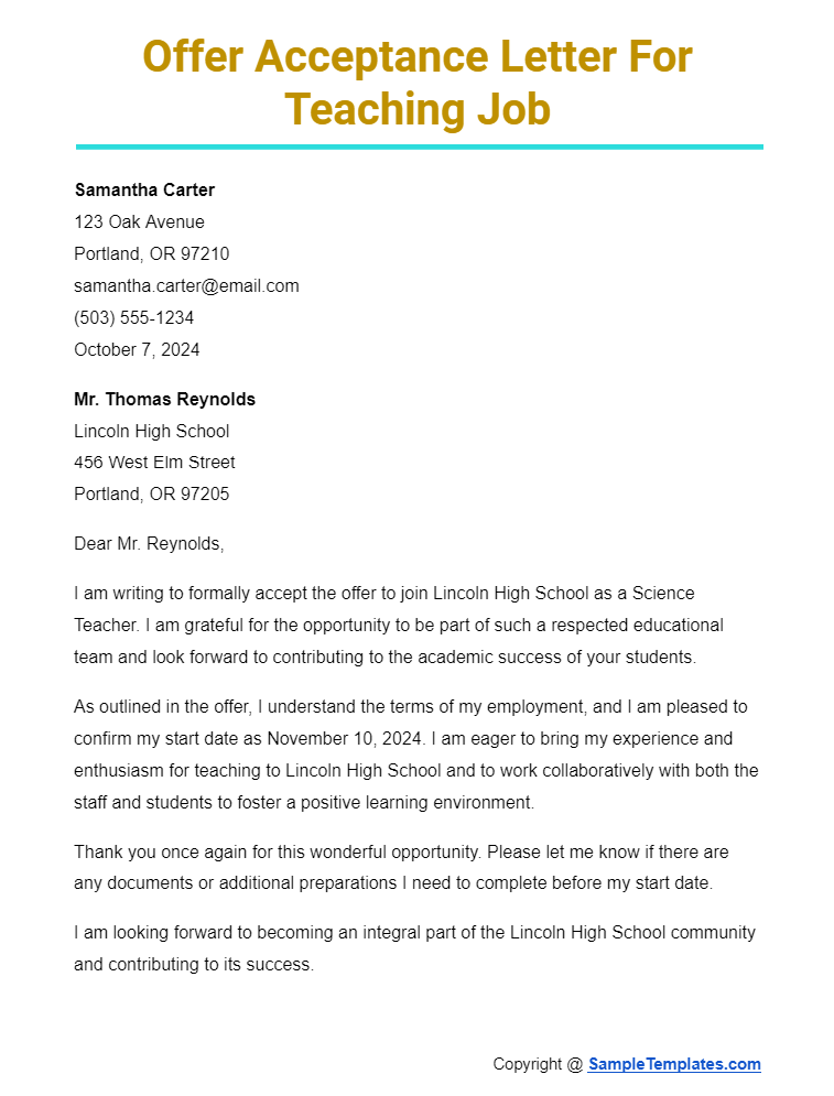 offer acceptance letter for teaching job