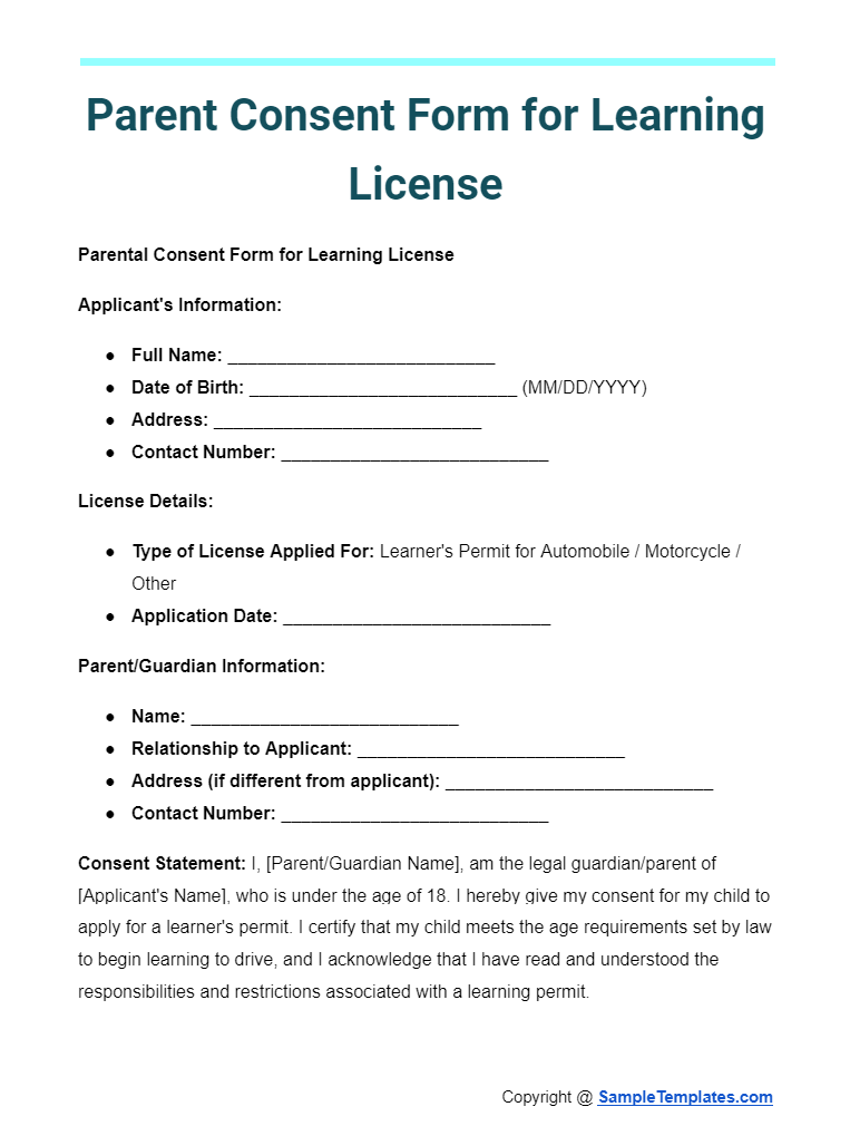 parent consent form for learning license