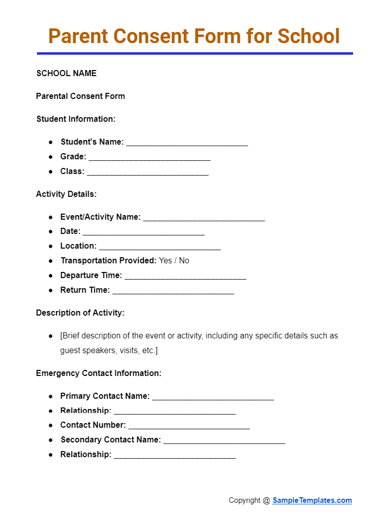 parent consent form for school