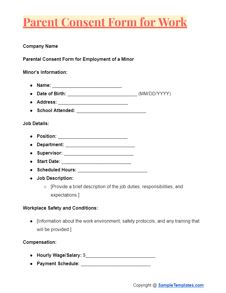 parent consent form for work