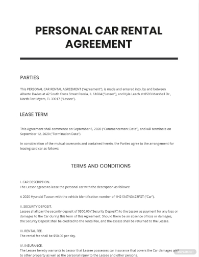 personal car rental agreement template