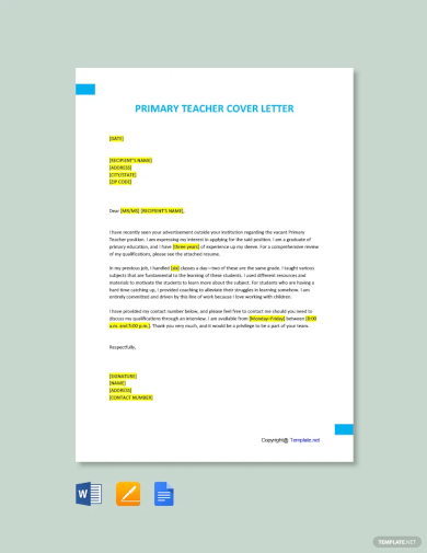 primary teacher cover letter template