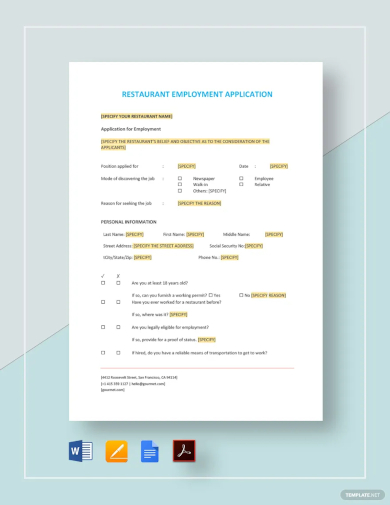 restaurant employment application template