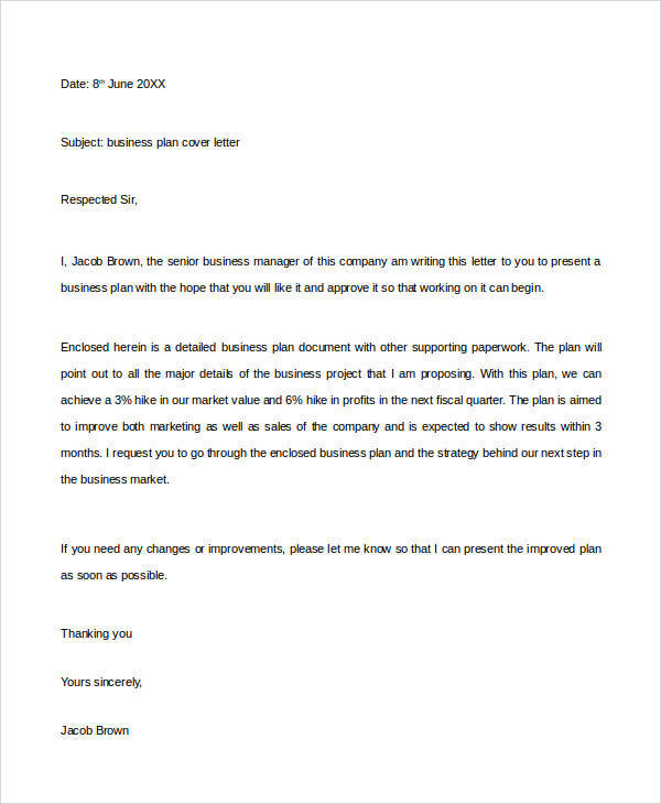 sample cover letter for a business plan