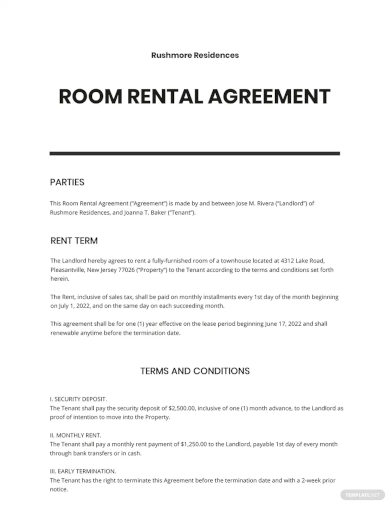 sample room rental agreement template