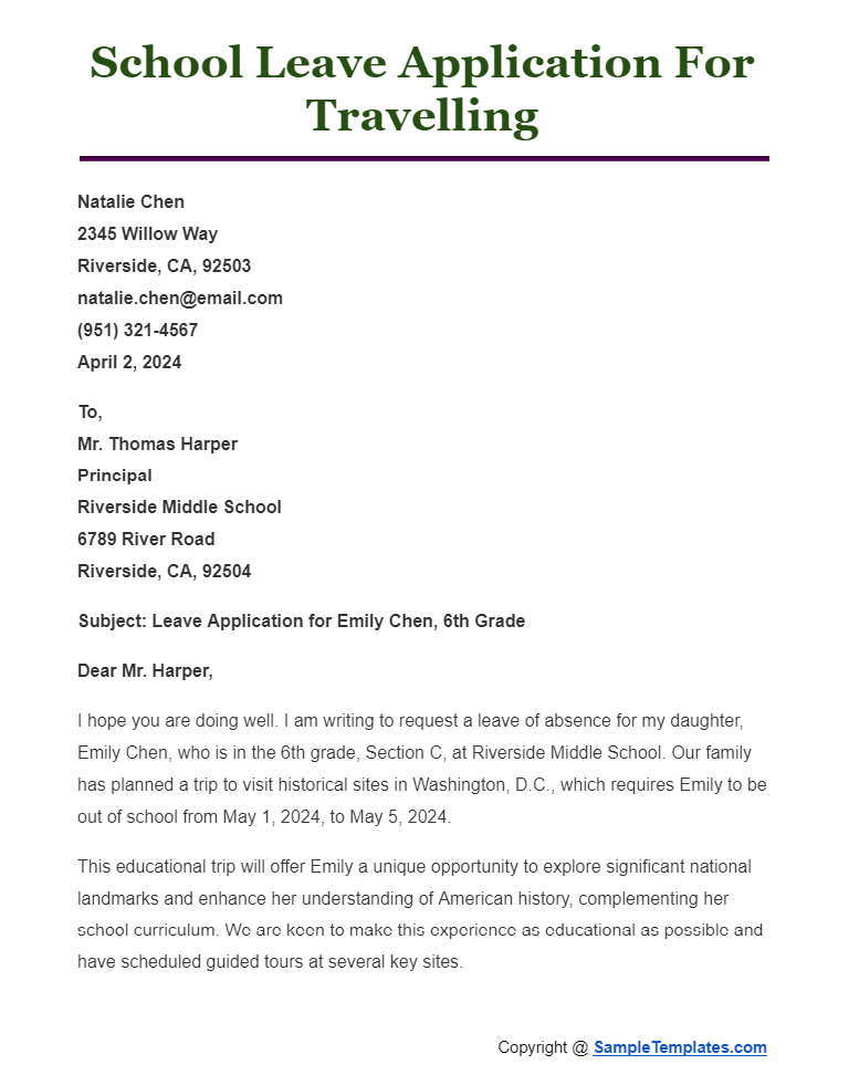 school leave application for travelling
