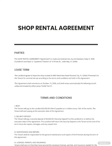 shop rental agreement template