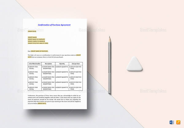 simple confirmation of purchase agreement template