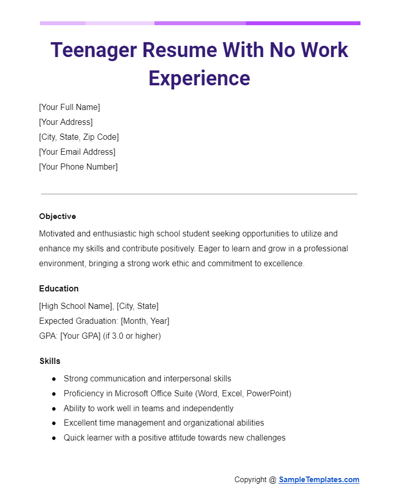 teenager resume with no work experience