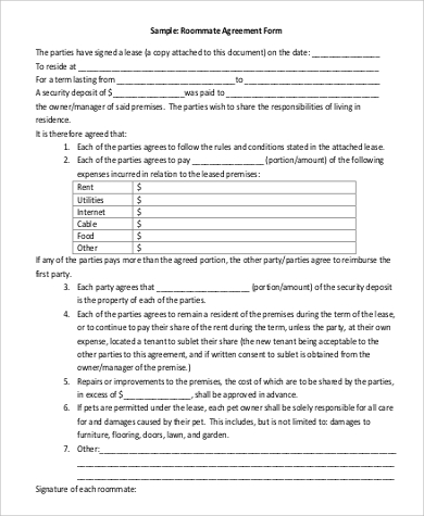 sample roommate lease agreement form