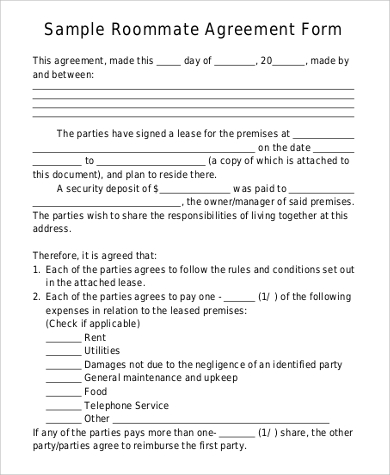 blank roommate agreement form