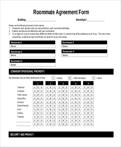 short roommate agreement form