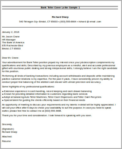 cover letter bank example