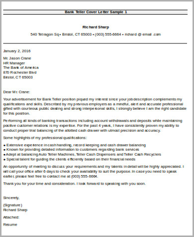 sample cover letter bank teller