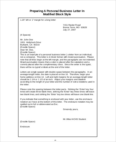 personal business letter in modified block style