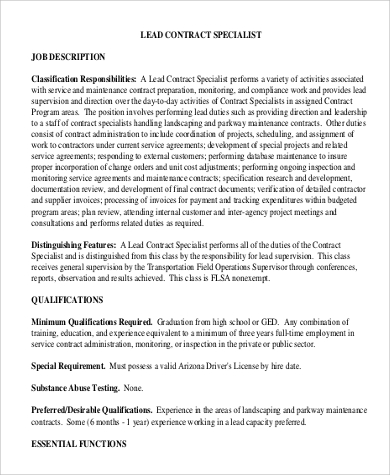 lead contract specialist job description in pdf